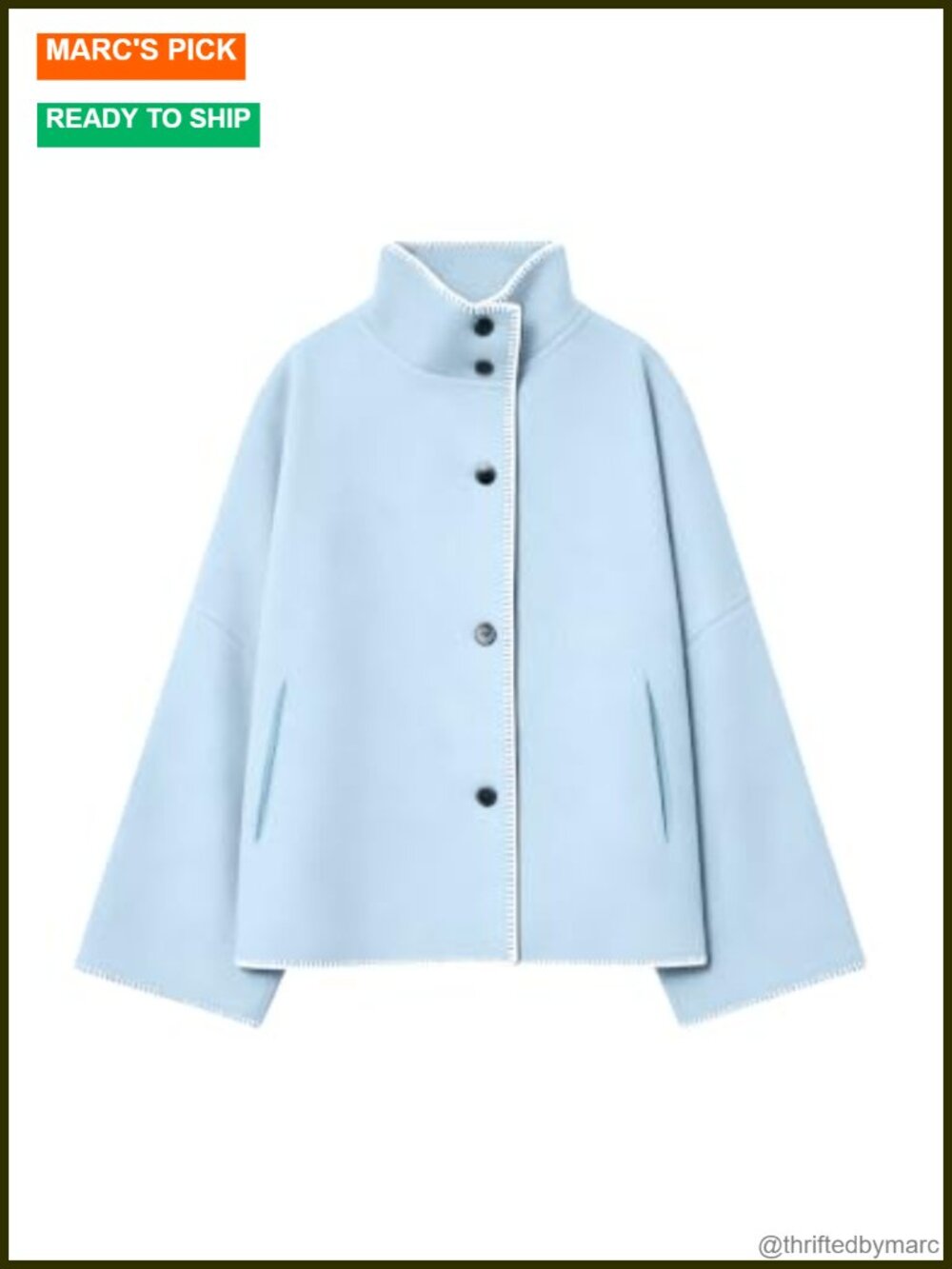Cropped Wool Blend Pea Coat Stand Collar Oversized Jacket